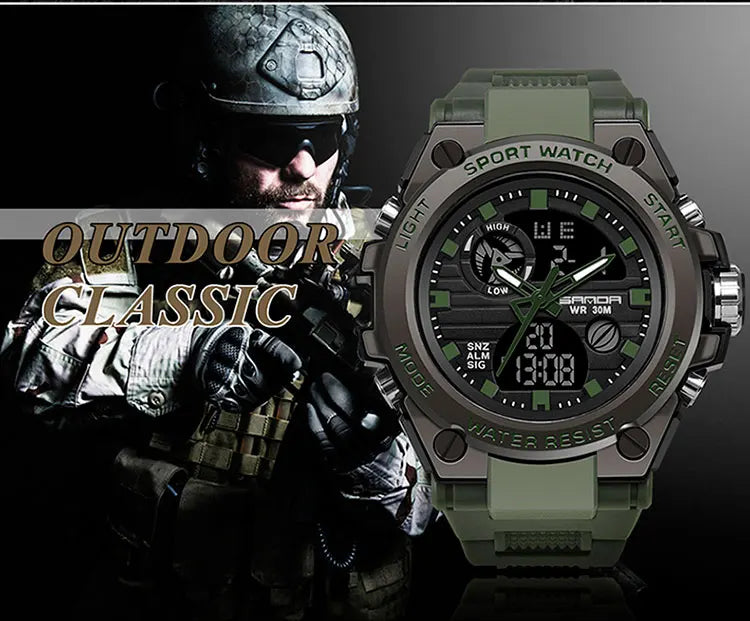 SANDA Montres de luxe haut de gamme pour homme, montre militaire, montre-bracelet sportive étanche, montre à double affichage, Relogio Masculino