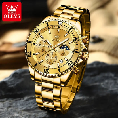 Orologio OLEVS da uomo, marchio di lusso, orologio militare al quarzo dorato, impermeabile, datario luminescente, cassa in acciaio inossidabile.