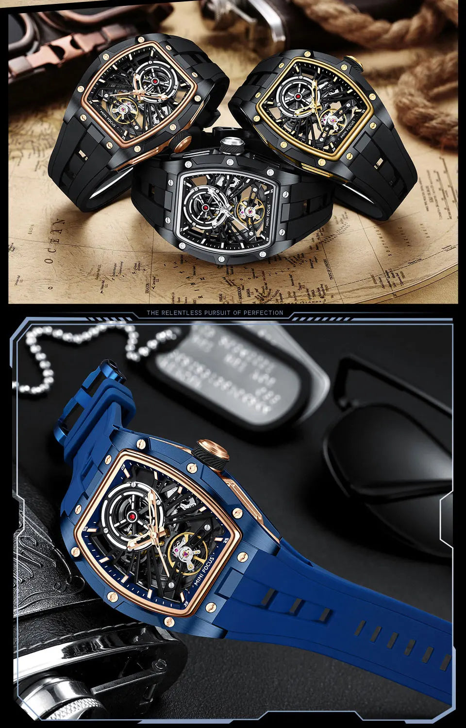 Reloj de pulsera MINI FOCUS para hombre, negro, a la moda, resistente al agua, mecánico automático, con manecillas luminosas, correa de silicona y esfera tonneau