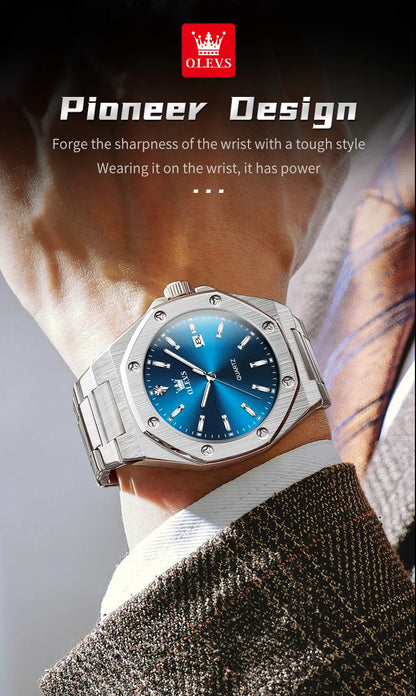 Montres OLEVS pour homme : montre de luxe classique à quartz, argentée et bleue, étanche, en acier inoxydable, luminescente, Reloj Hombre
