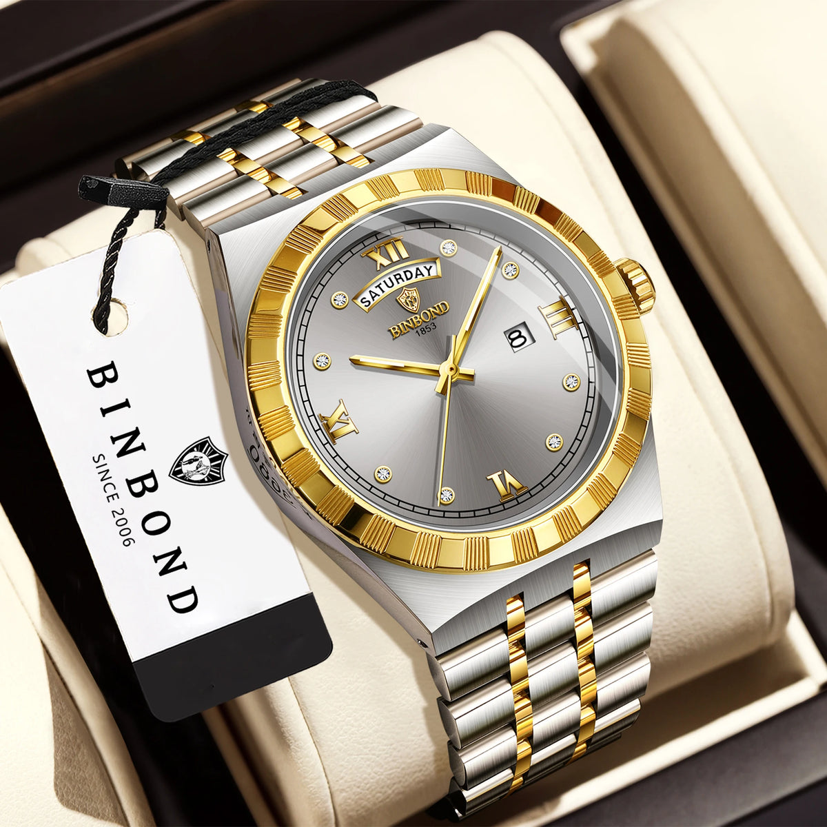 Orologio da uomo del marchio originale BINBOND – Orologio da polso al quarzo, modello di lusso, impermeabile e luminescente.