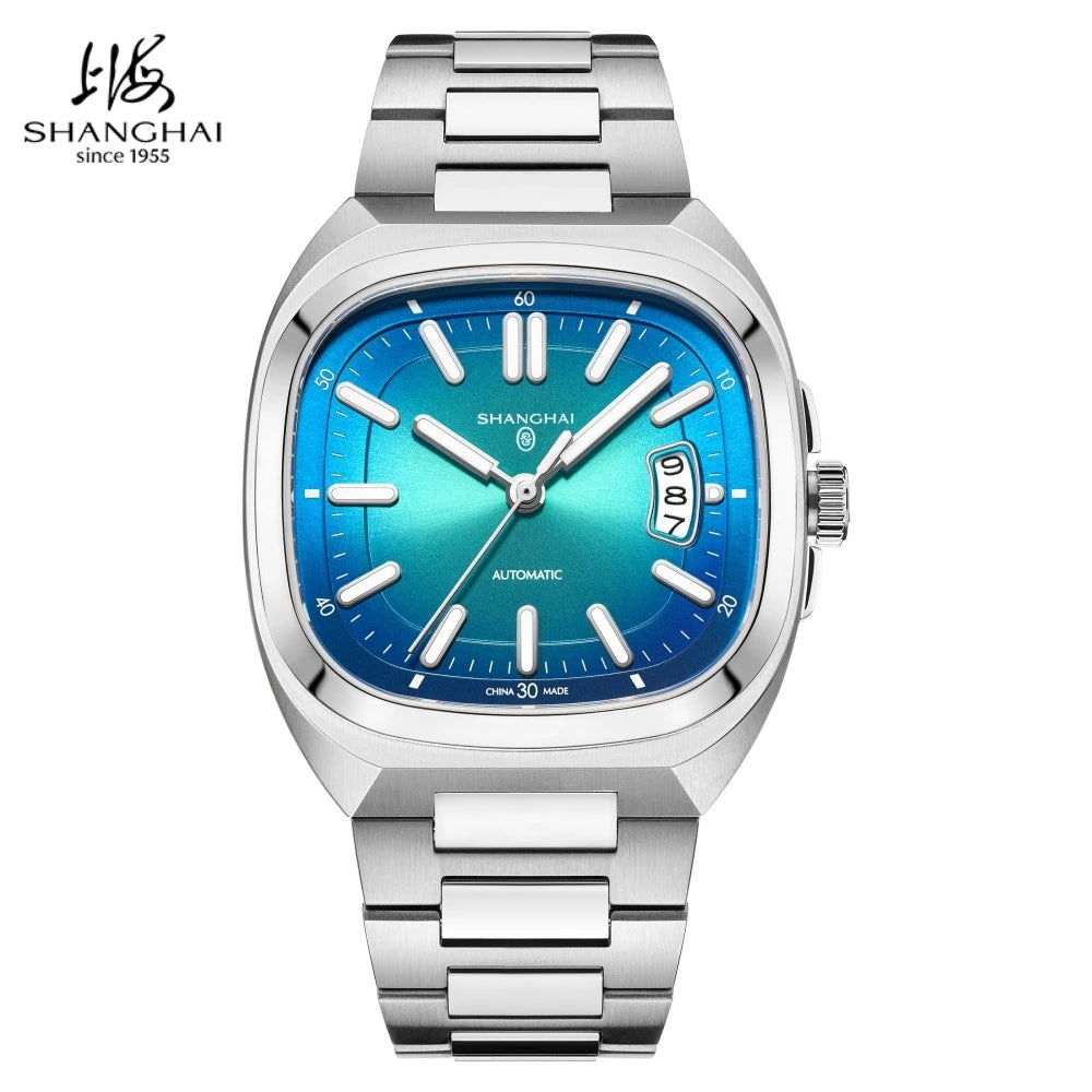 Montre pour homme Shanghai Watch, mécanique automatique, cadran carré, luminescente, étanche jusqu'à 50 m, affichage de la date, montre-bracelet décontractée SH018
