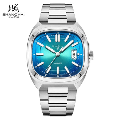 Montre pour homme Shanghai Watch, mécanique automatique, cadran carré, luminescente, étanche jusqu'à 50 m, affichage de la date, montre-bracelet décontractée SH018