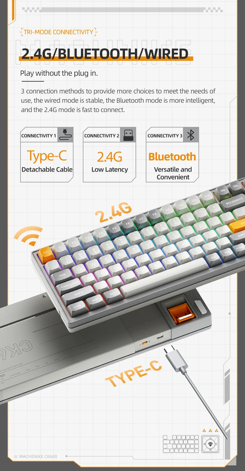 MACHENIKE CK600 Tri-Mode Mechanical Keyboard Full Size Wireless Gaming Keyboard Hot Swappable ANSI Layout For PC Gamer Office