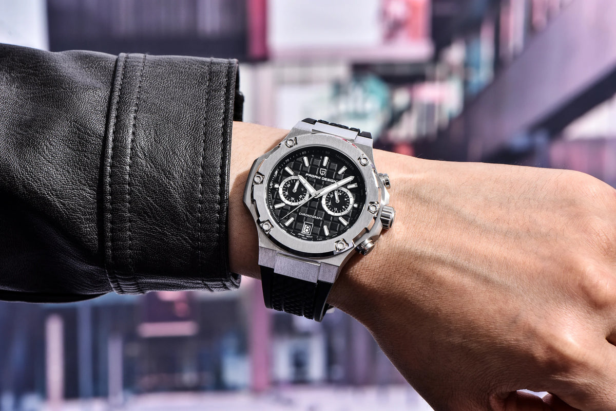 Orologio da uomo PAGANI DESIGN – Cronografo sportivo di lusso in oro rosa, dotato di un movimento al quarzo giapponese VK64 e di un cinturino in gomma fluorurata.