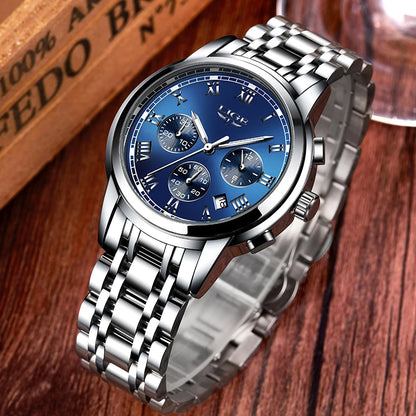Orologio da uomo LIGE – Cronografo di lusso, stile sportivo casual, impermeabile, interamente in acciaio, movimento al quarzo