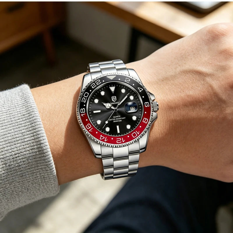 QINGXIYA Montres de luxe à quartz pour homme en acier inoxydable, étanches, avec date luminescente, montre-bracelet pour homme, reloj hombre