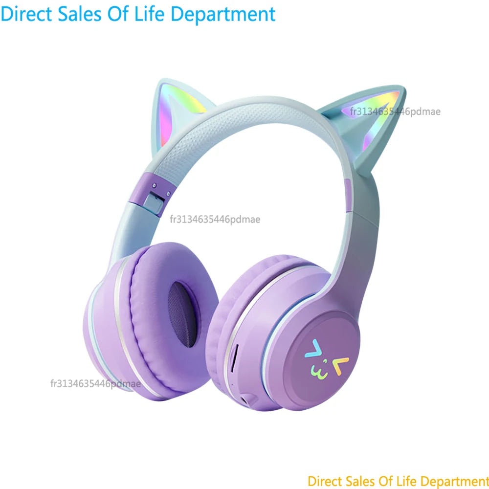 Gradient wireless RB cute cat ears Bluetooth headphones with microphone stereo music games headphones girls children gift