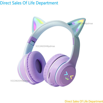 Gradient wireless RB cute cat ears Bluetooth headphones with microphone stereo music games headphones girls children gift