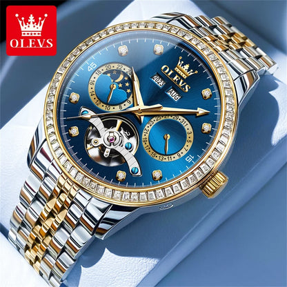OLEVS 7016 Automatic Man Watch Stainless Steel Diamond Bezel Skeleton Flywheel Moon Phase Luminous Waterproof Mechanical Watches