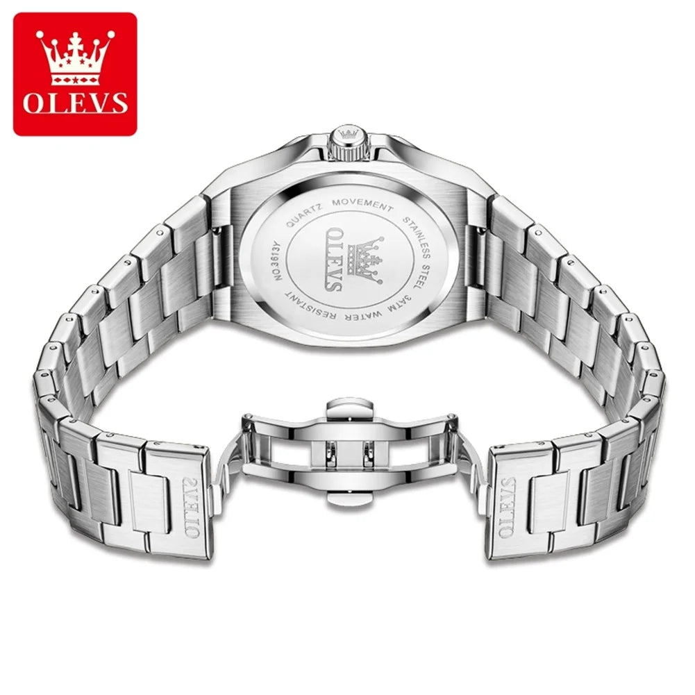 Montres OLEVS pour homme : montre de luxe classique à quartz, argentée et bleue, étanche, en acier inoxydable, luminescente, Reloj Hombre