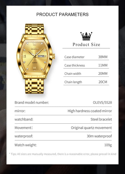 OLEVS Nouvelles montres pour homme Montres à quartz de luxe en or Montres classiques à cadran tonneau Montres à quartz étanches et luminescentes pour homme 5528