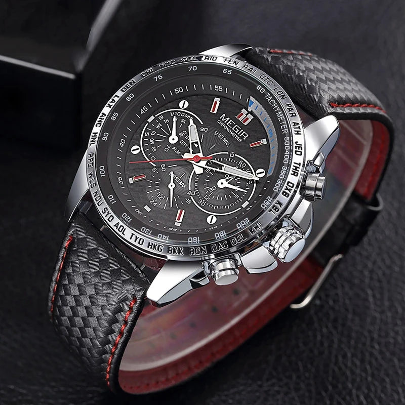 Relógio de pulso analógico de quartzo para homem MEGIR – Relógio de luxo à prova de água com bracelete em pele, estilo descontraído, modelo 1010 (preto)