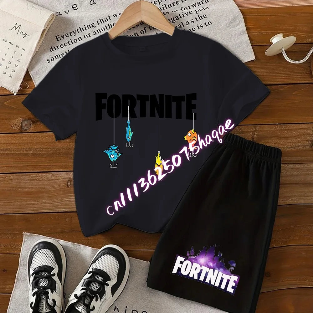 Sommer-Fortnite-T-Shirt und Shorts für Jungen und Mädchen, 2-teiliges Kinder-Set mit Oberteil und Hose, Fortress-Night-Print, Geschenk
