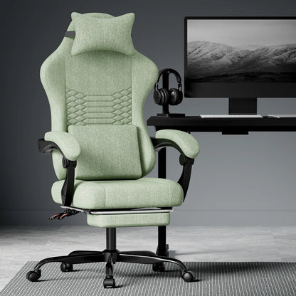 Dark Gray Fabric Gaming Chair, Massage Office Chair with Headrest, Ergonomic Racing Design, Adjustable Footrest, for PC Gamers
