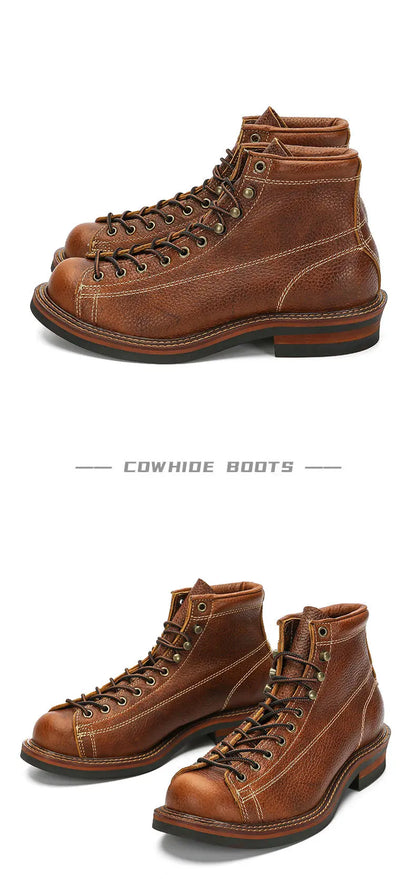 KOWM Cowhide Hiking Shoes Men's Walking Boot British Trekking Shoes Thick-Soled Cowhide High-Top Motorcycle Boots Ankle Sneakers