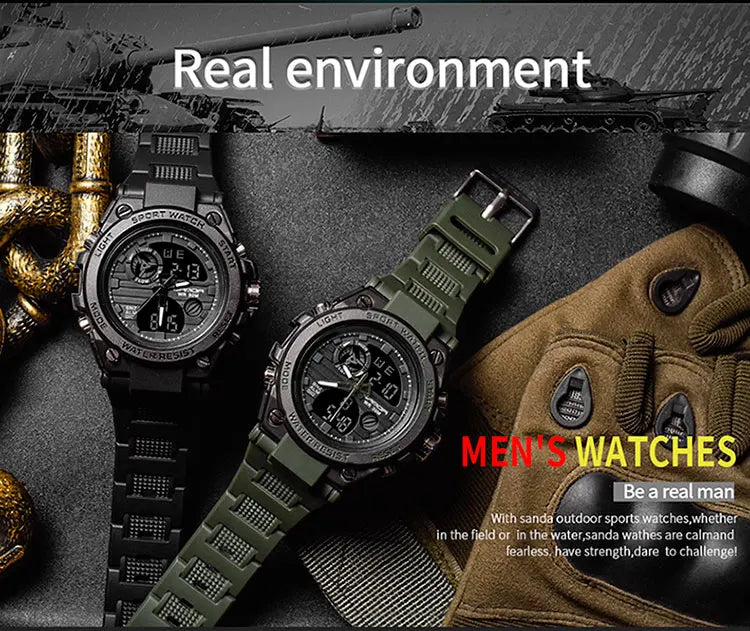 SANDA Montres de luxe haut de gamme pour homme, montre militaire, montre-bracelet sportive étanche, montre à double affichage, Relogio Masculino
