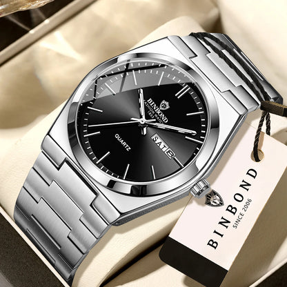 Relógio de pulso de luxo BINBOND com movimento de quartzo, luminoso, estanque, com indicação do dia da semana e data automática, bracelete em aço, estilo empresarial, desportivo, moderno e casual.
