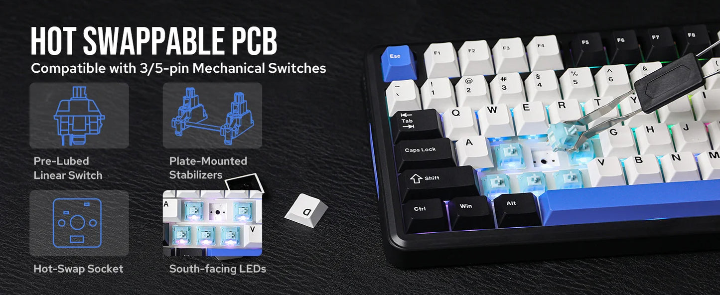 EPOMAKER TH85 80% QWERTY ANSI Layout VIA Gasket Hot-Swap Wired/2.4Ghz/BT5.0 Wireless Mechanical Keyboard for Office/Gaming