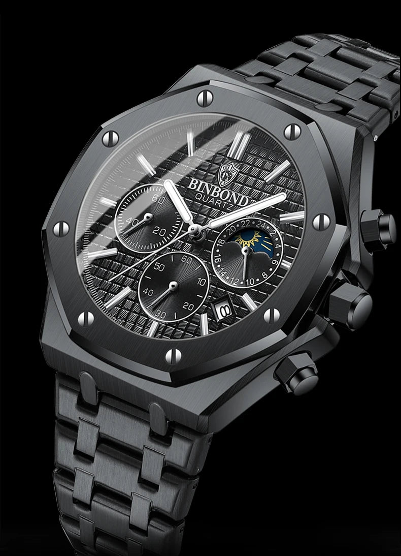 Montre-bracelet à quartz BINBOND pour homme, chronographe de luxe luminescent, en acier inoxydable, étanche, avec date et calendrier