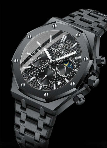 Montre-bracelet à quartz BINBOND pour homme, chronographe de luxe luminescent, en acier inoxydable, étanche, avec date et calendrier