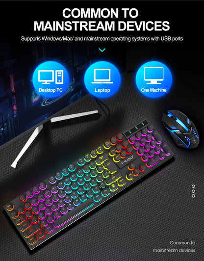 Typewriter style Mechanical feel Gaming Keyboard, Wired, RGB Backlit, Round Keycaps Mouse and Keyboard Bundle Waterproof 104-Key
