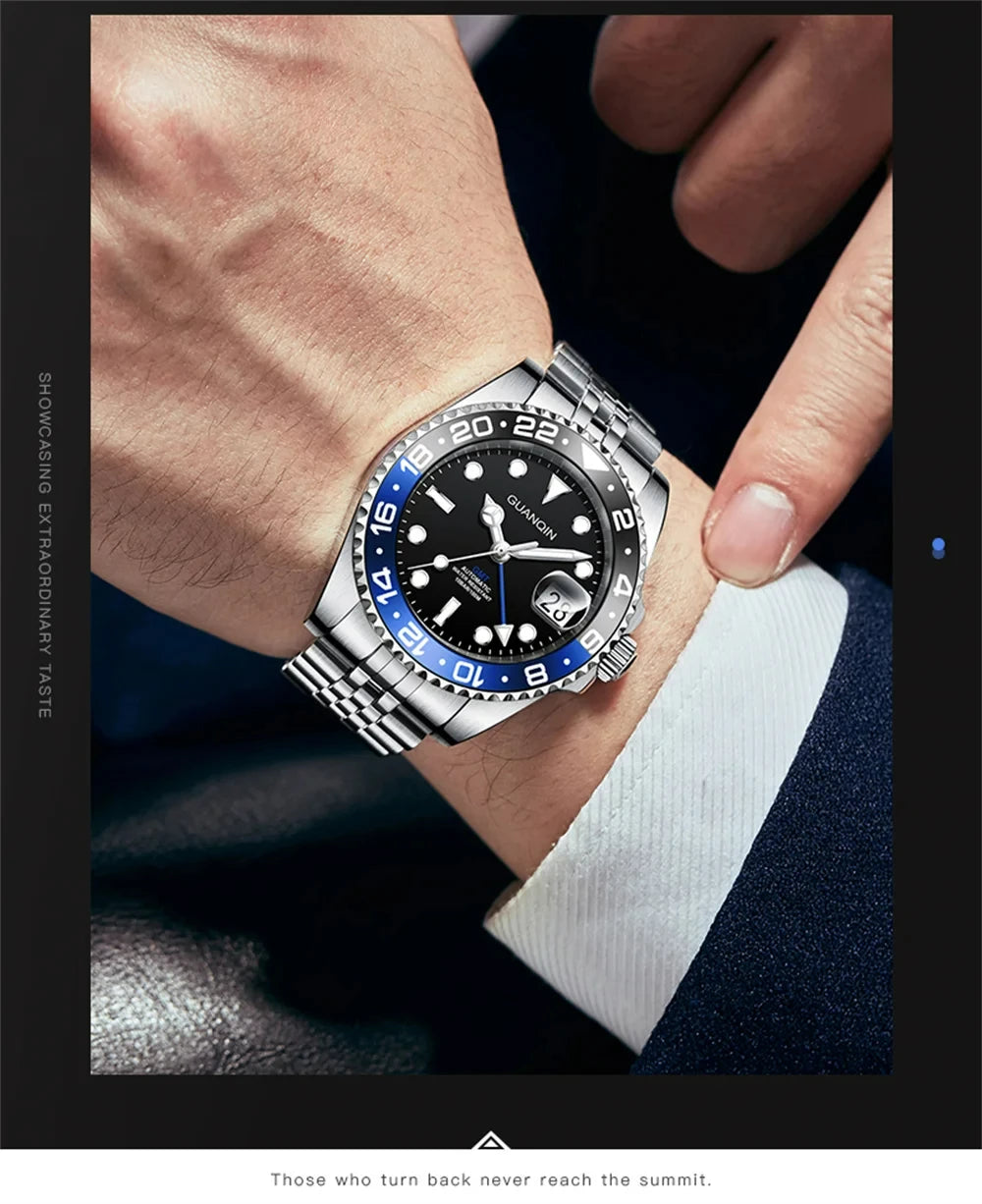 Orologio da uomo GUANQIN GMT 2025, nuovo orologio automatico da uomo NH34, meccanico da polso, vetro zaffiro, acciaio inox, per mancini