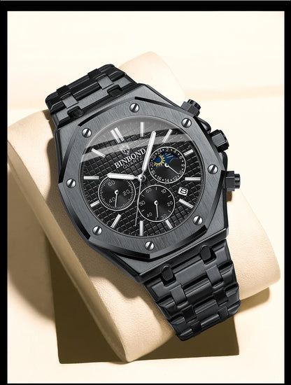 Montre-bracelet à quartz BINBOND pour homme, chronographe de luxe luminescent, en acier inoxydable, étanche, avec date et calendrier