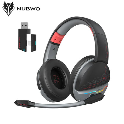Casque de jeu sans fil double NUBWO G08 avec micro, Bluetooth 5.3 sans fil 2,4 GHz, haut-parleurs 50 mm, éclairage RGB léger pour PS5, PS4