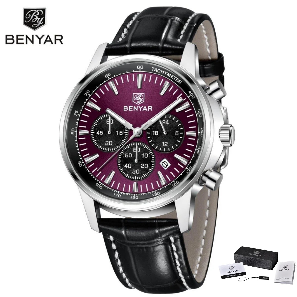 Orologio di lusso da uomo Benyar – Cronografo con datario, cinturino in pelle, impermeabile, luminescente, stile sportivo e militare, orologio al quarzo