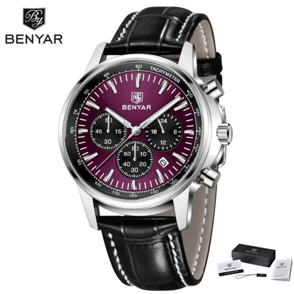 Orologio di lusso da uomo Benyar – Cronografo con datario, cinturino in pelle, impermeabile, luminescente, stile sportivo e militare, orologio al quarzo