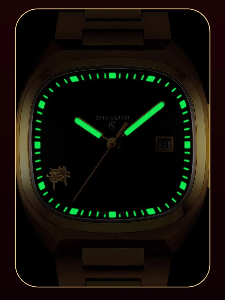 Montre mécanique vintage Shanghai Square, montre automatique pour homme en or 24 carats, boîtier de 38 mm, acier inoxydable 316L, montre-bracelet de luxe SH030