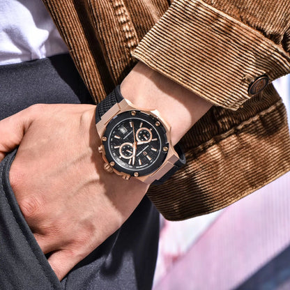 Orologio da uomo PAGANI DESIGN – Cronografo sportivo di lusso in oro rosa, dotato di un movimento al quarzo giapponese VK64 e di un cinturino in gomma fluorurata.