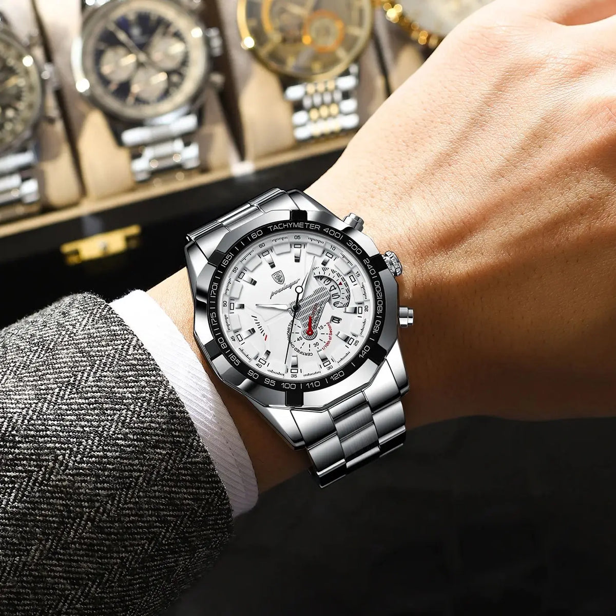Orologio da uomo di lusso POEDAGAR, impermeabile, luminescente, con datario, sportivo, cinturino in acciaio inossidabile, movimento al quarzo.