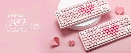 YUNZII B87 Pink Mechanical Gaming Keyboard, QMK/VIA Custom Gasket RGB Keyboard, Wireless Aesthetic Keeb, Wrist Rest for Win/Mac