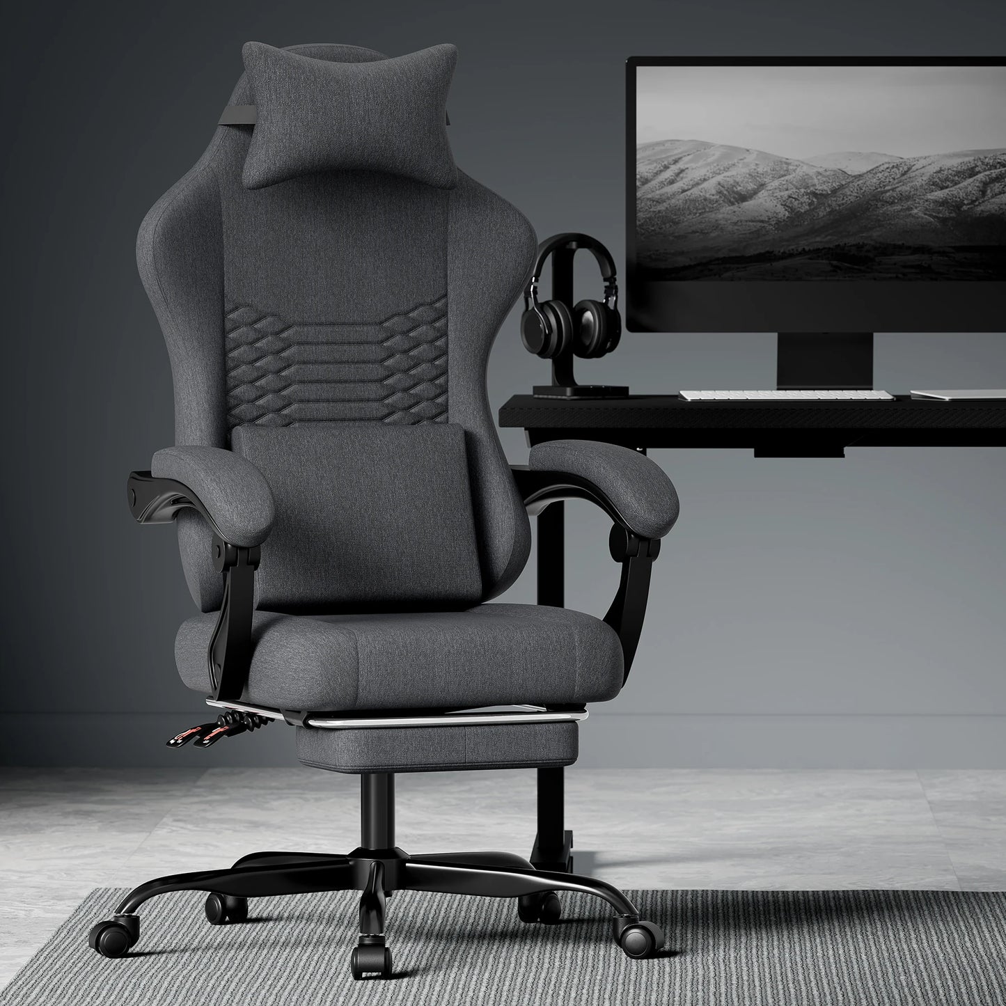 Dark Gray Fabric Gaming Chair, Massage Office Chair with Headrest, Ergonomic Racing Design, Adjustable Footrest, for PC Gamers