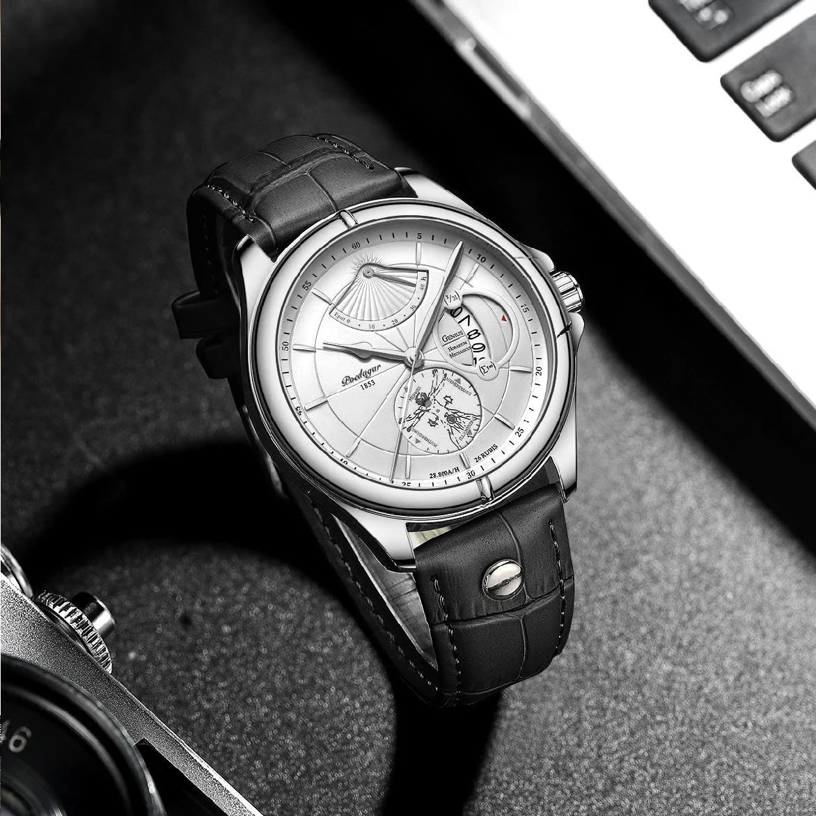 Orologio da polso al quarzo POEDAGAR da uomo – Stile business, di lusso, impermeabile, luminescente, con datario e cinturino in pelle – Elegante orologio da uomo