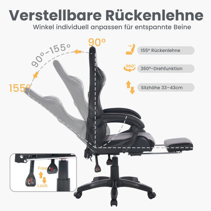 Ergonomic Rotating Gaming Chair, 360 Reclining Office Chair °   Pivoting, Height-Adjustable, Footrest, Headrest