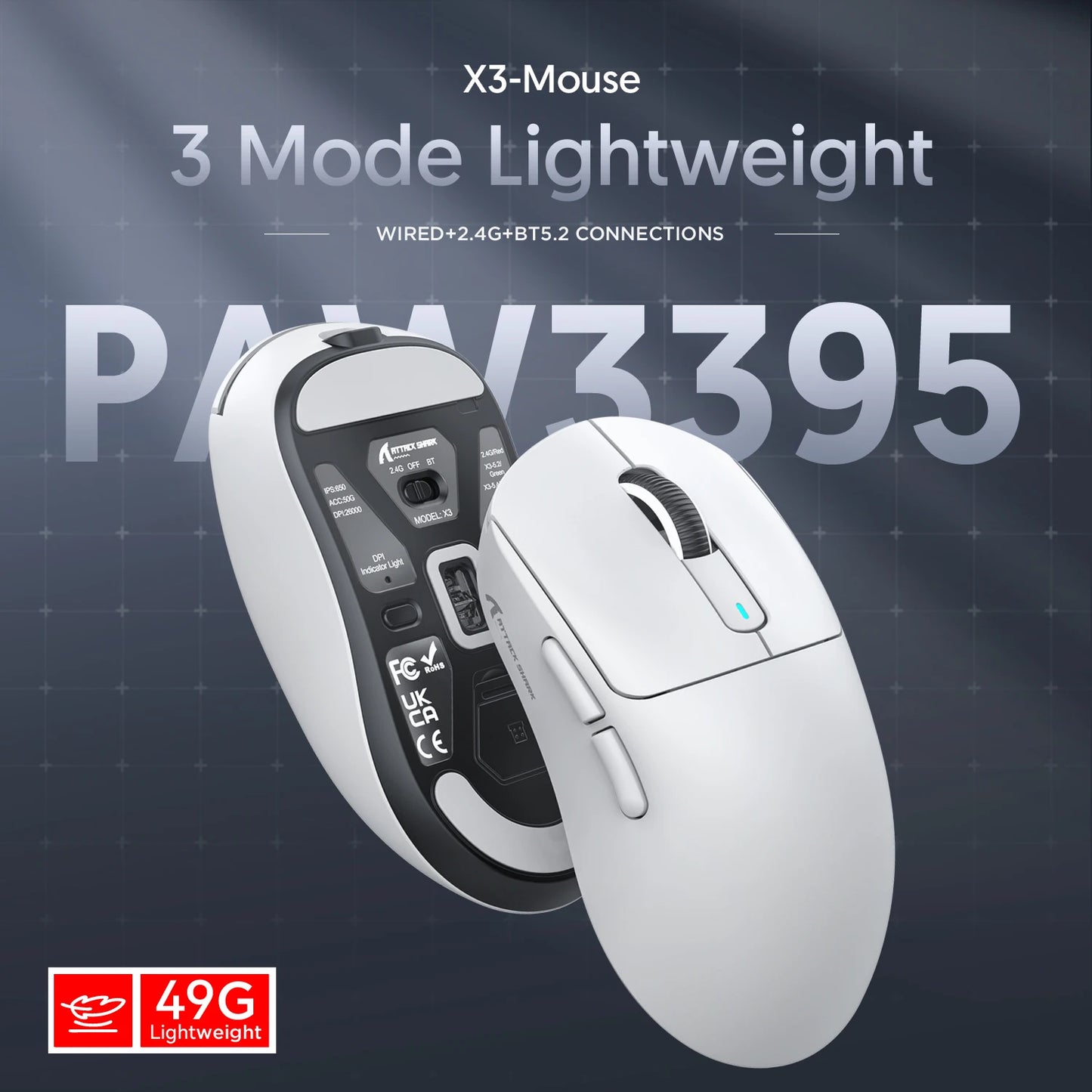 Attack Shark X3/X3PRO 4K/8K Tri-mode Gaming Mouse, PixArt PAW3395 Sensor, 26K DPI, 49g Ultralight,BT/2.4G Wireless/Wired,for PC