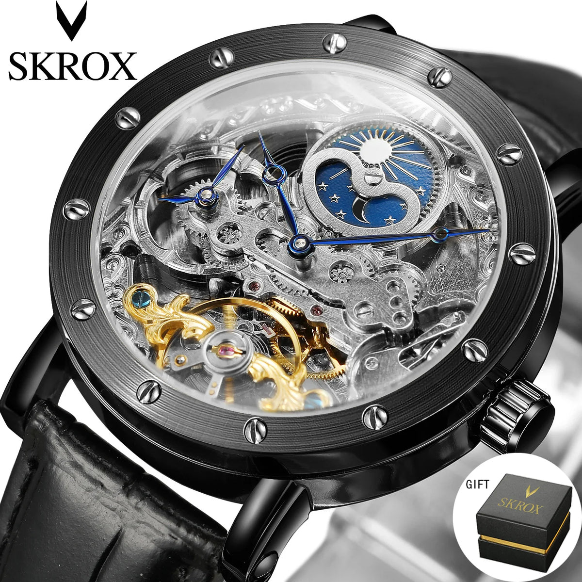 Orologio da polso meccanico automatico SKROX da uomo, modello scheletrato con funzione GMT, fasi lunari e tourbillon – Orologio di lusso di alta gamma, elegante e originale.
