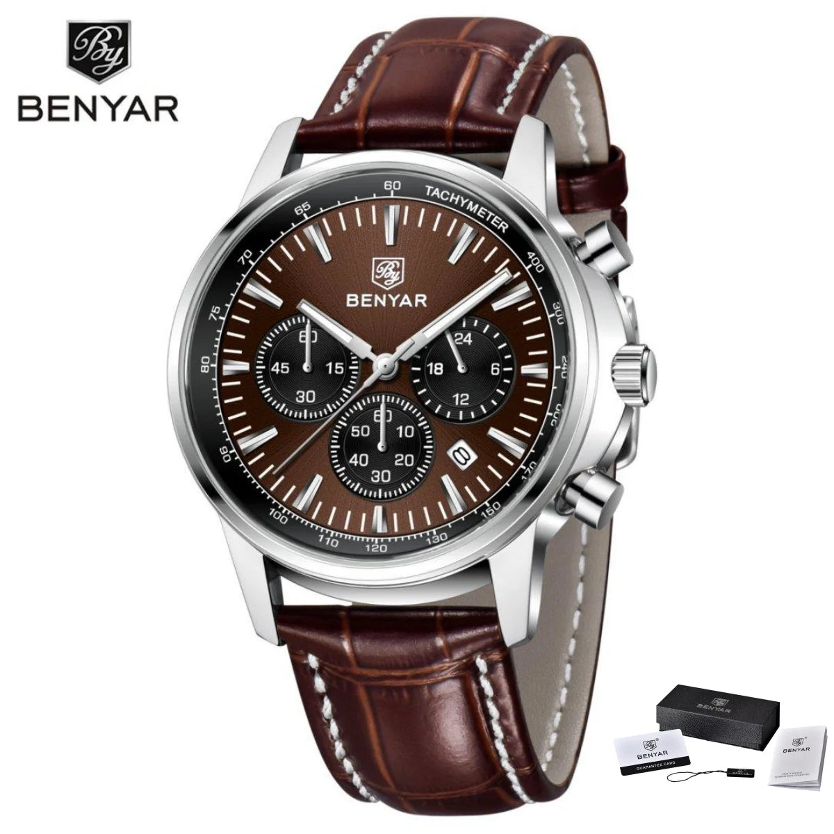 Orologio di lusso da uomo Benyar – Cronografo con datario, cinturino in pelle, impermeabile, luminescente, stile sportivo e militare, orologio al quarzo