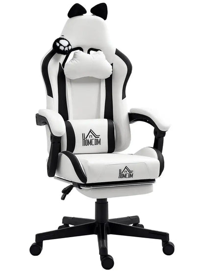 Cute Cat Shaped Gaming Chair with Removable Cat Ears and Paws,Retractable Footrest, Lumbar Head Support, 360° Swivel Gamer Chair
