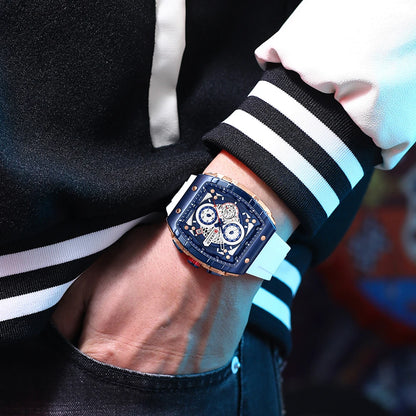 CURREN Tonneau Dial Sport Watch for Men Fashion Waterproof Quartz Wristwatch with Auto Date Yellow Silicone Strap Luminous