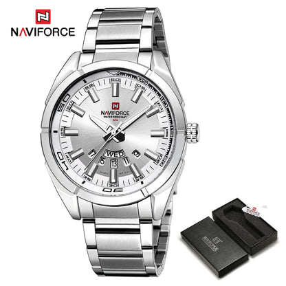 Orologio da uomo NAVIFORCE, interamente in acciaio, impermeabile, stile casual, movimento al quarzo con datario – Orologio da polso di lusso da uomo, di un marchio di primo piano.
