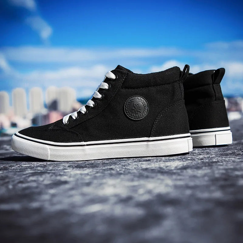 Men's High-Top Canvas Sneakers Slip-On Lace-Up Casual All-Black Basic Skate Shoes for Students Flat Sole Comfortable Sport Shoes