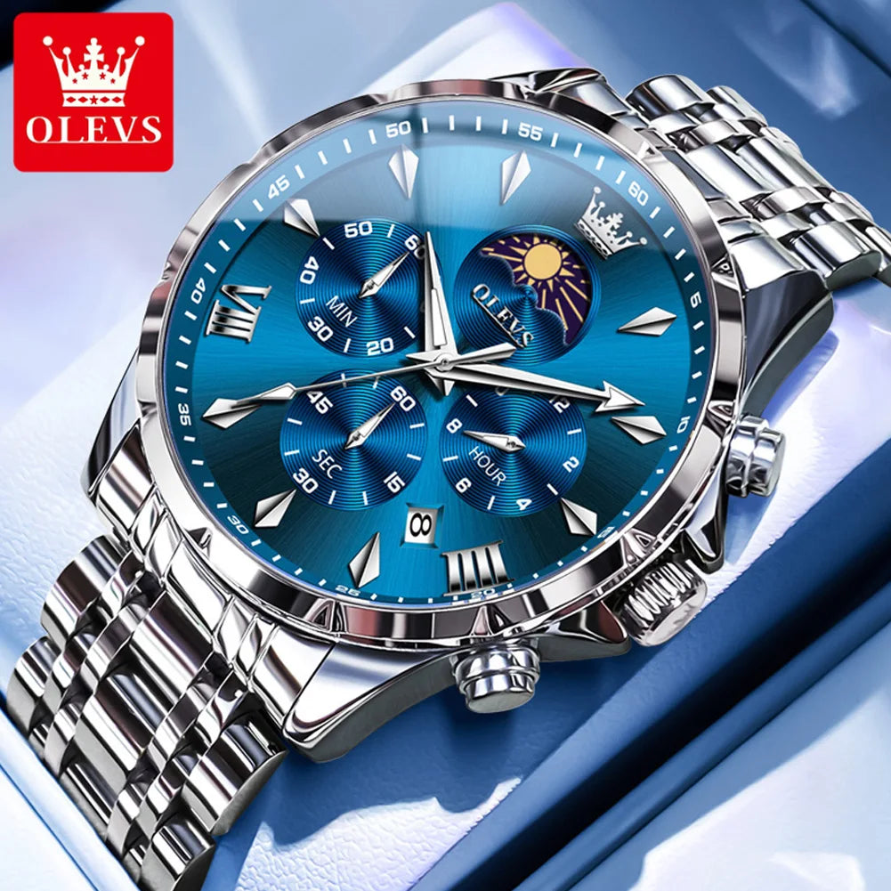OLEVS 3653 Mens Watch Quartz Watch Multifunctional Chronograph Watch For Men 30M Waterproof Luminous Moon Phase Box Original