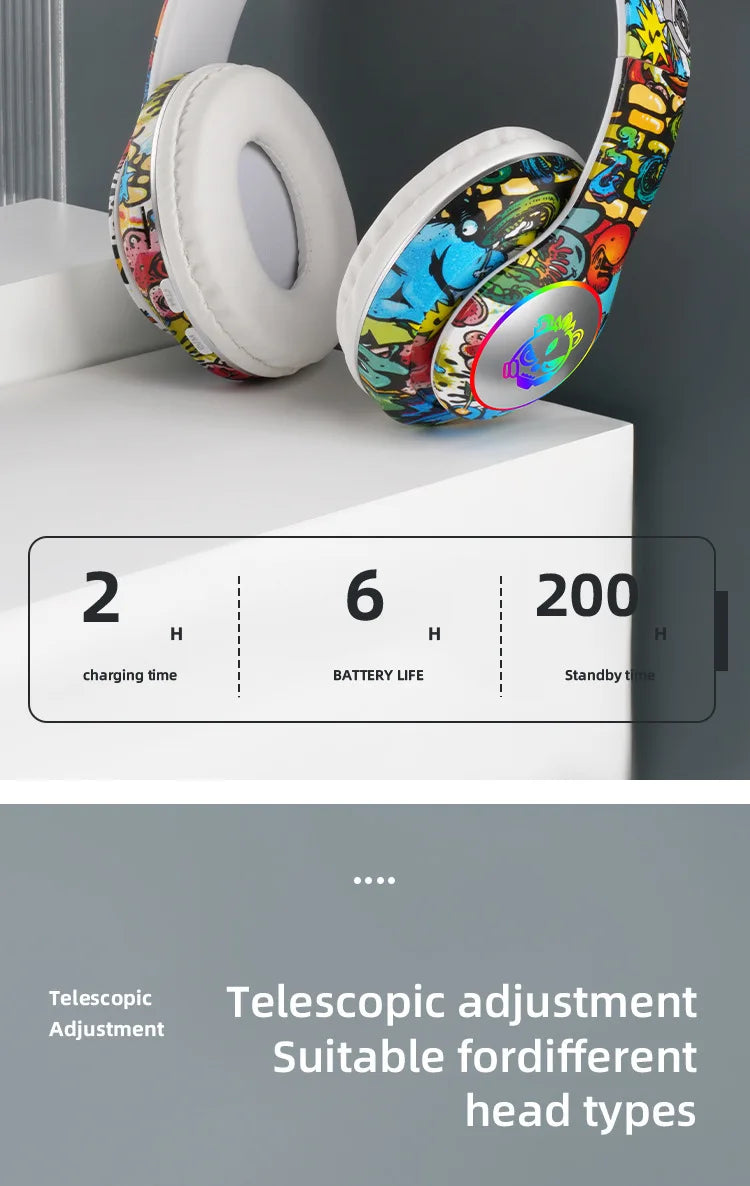 New Graffiti Wireless Overhead Headset with Mic LED Light LX-8686 High Quality TF Card Bluetooth Headphones for PC Gaming Child