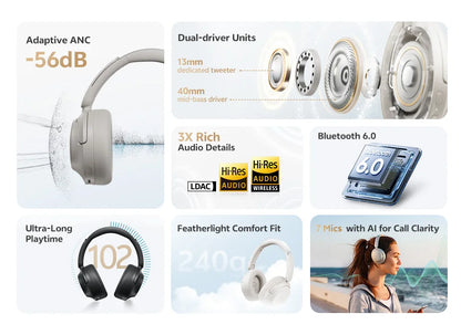 QCY H3S ANC Over Ear Headphones -56dB Noise Cancelling Headsets Bluetooth 6.0 Hi-Res LDAC Spatial Sound Earphones Dual Driver