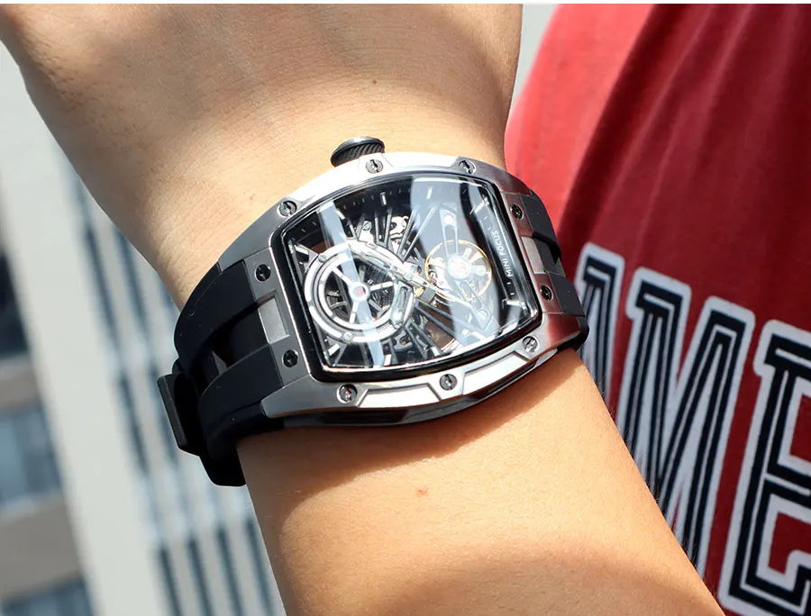 Reloj de pulsera MINI FOCUS para hombre, negro, a la moda, resistente al agua, mecánico automático, con manecillas luminosas, correa de silicona y esfera tonneau