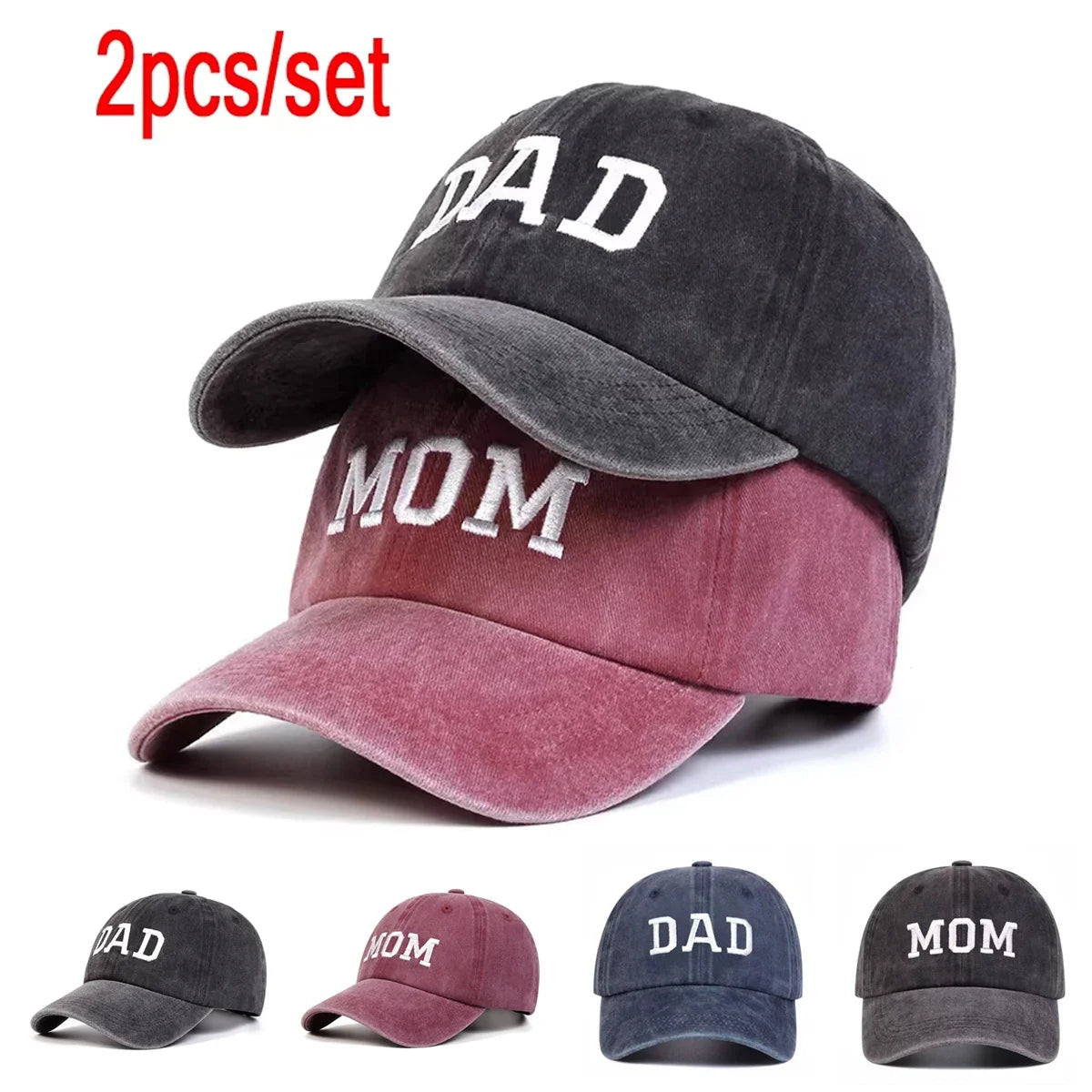 2 stuks unisex baseballpetten met geborduurde letters ‘DAD’ en ‘MOM’, wasbaar, voor lente en herfst, verstelbaar, casual, met zonwering